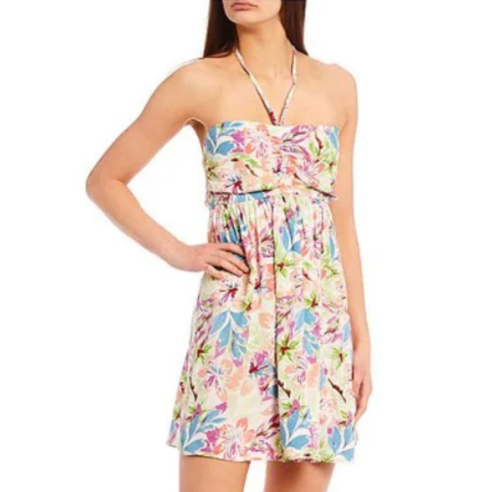 Roxy Sundress Mini Dress Floral Halter Neck Strapless Coverup Happy Hour L NWT